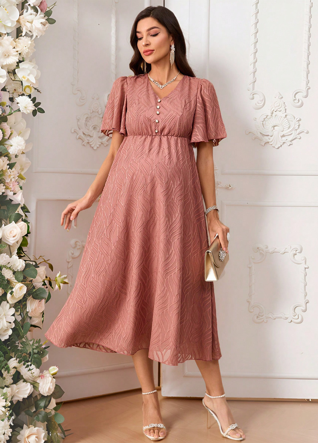 Терракотовое праздничный, вечернее, кэжуал платье а-силуэт SHEIN однотонное