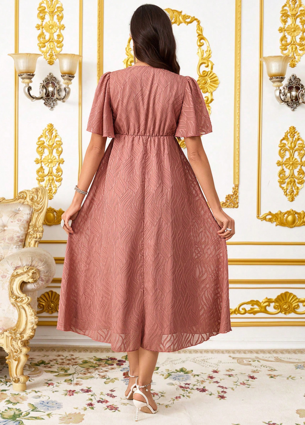 Терракотовое праздничный, вечернее, кэжуал платье а-силуэт SHEIN однотонное