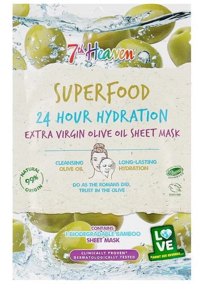 Тканинна маска для обличчя з оливковою олією Superfood 24H Hydration Extra Virgin Olive Oil Sheet Mask 7th Heaven (250116470)