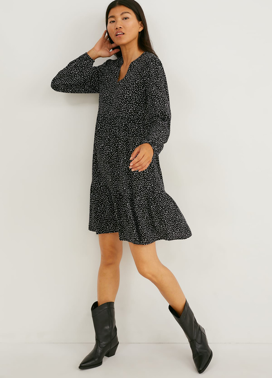 Черное кэжуал платье клеш C&A в горошек