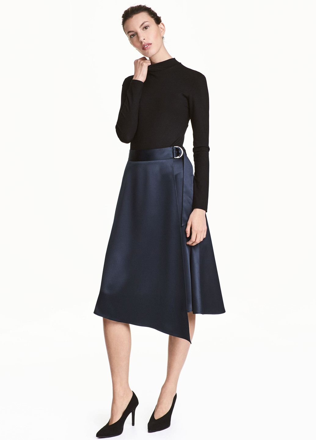 Темно-синяя кэжуал однотонная юбка H&M на запах, а-силуэта (трапеция)