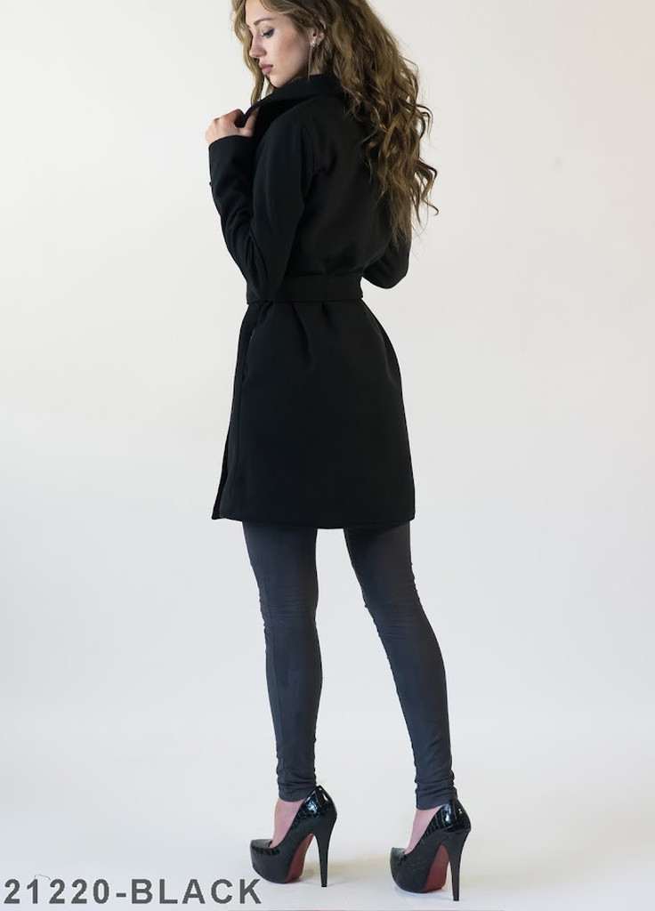 Черное демисезонное Кашемировое короткое пальто с поясом и карманами Podium