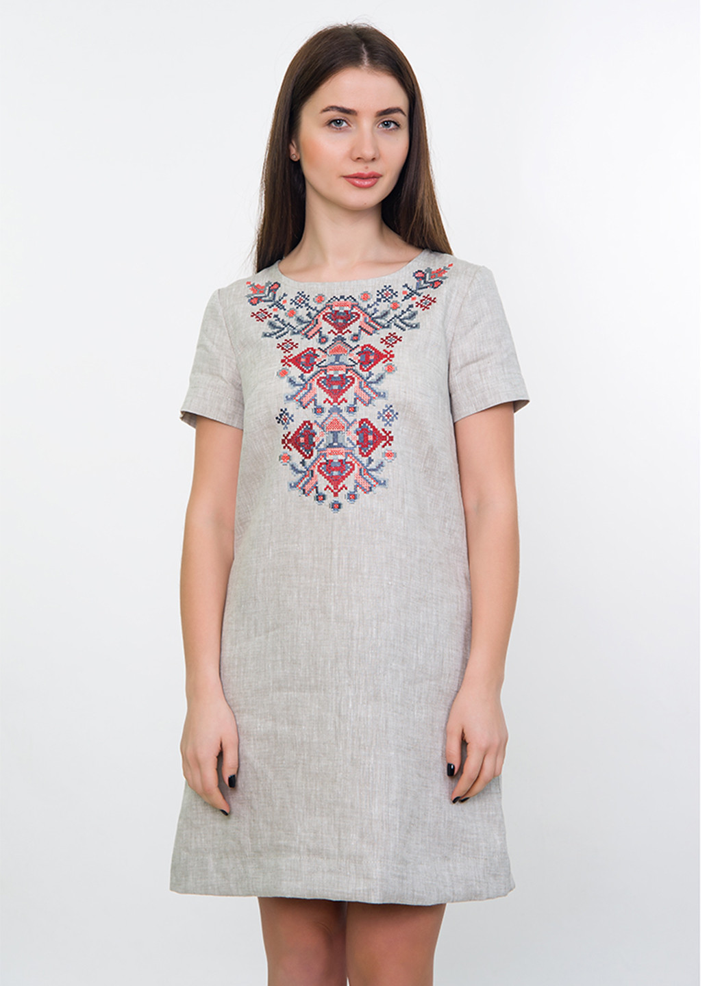 Платье Vyshyvanka украинская символика светло-серая кэжуал лен