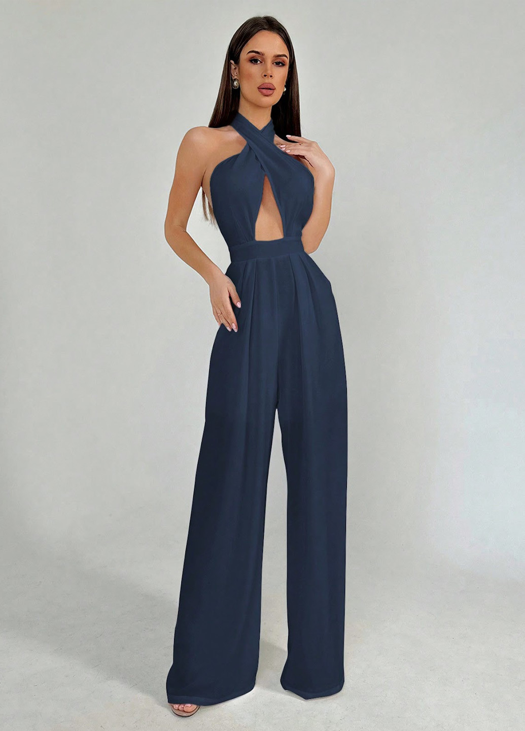 Комбінезон SHEIN комбінезон-брюки однотонний темно-синій коктейльний поліестер