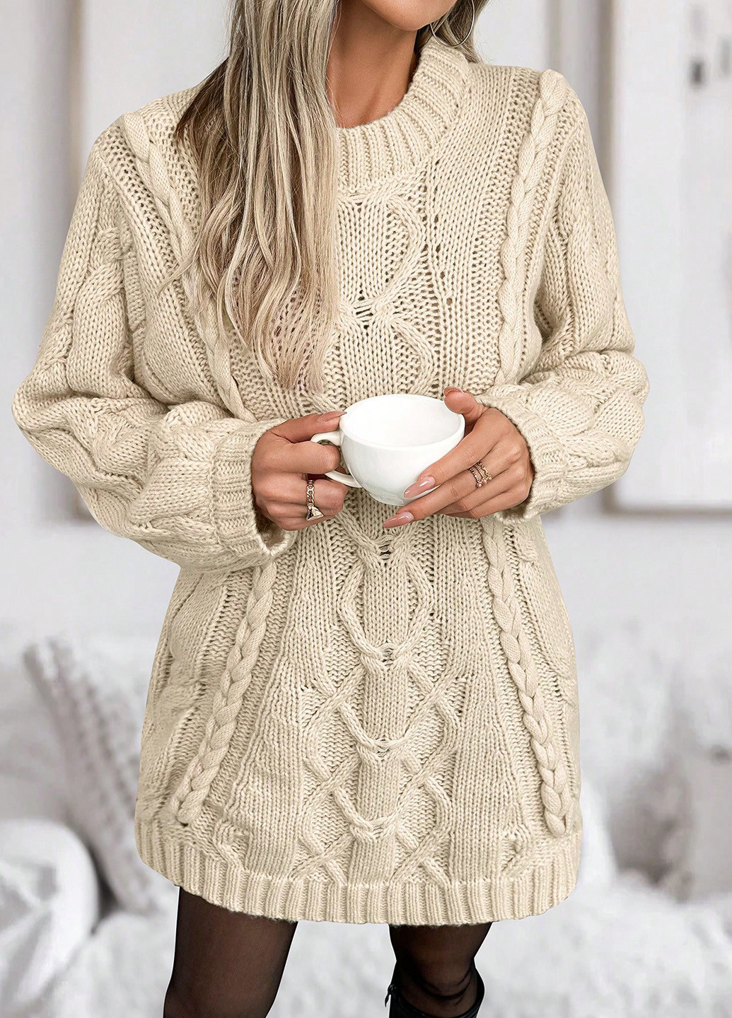 Кремовое кэжуал платье платье-свитер SHEIN однотонное