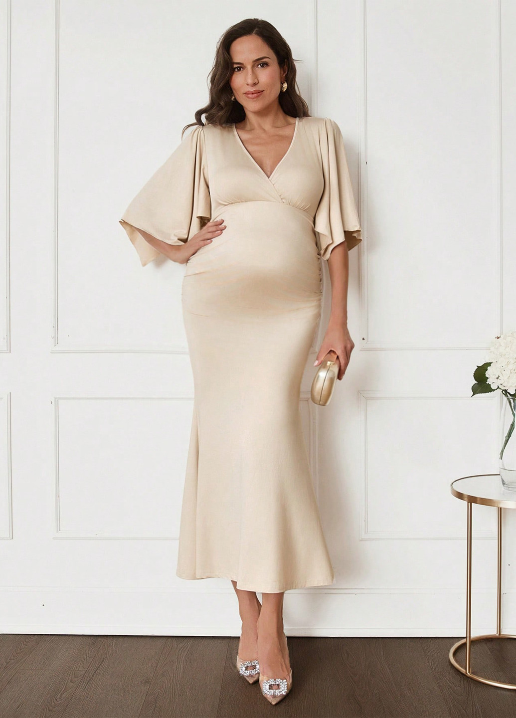 Кремовое праздничный, кэжуал платье для беременных SHEIN однотонное
