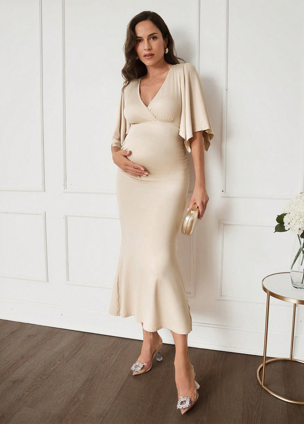 Кремовое праздничный, кэжуал платье для беременных SHEIN однотонное