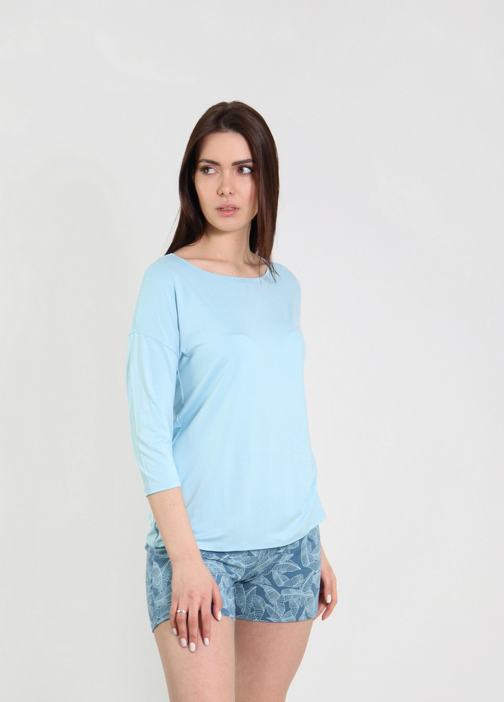 Голубая всесезон женская пижама 3/4 рукав лонгслив + шорты NEL