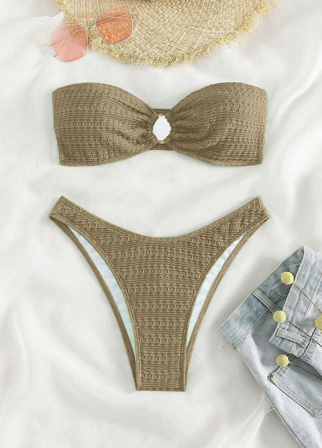 Оливковый (хаки) летний купальник (лиф, трусики) бандо, раздельный SHEIN