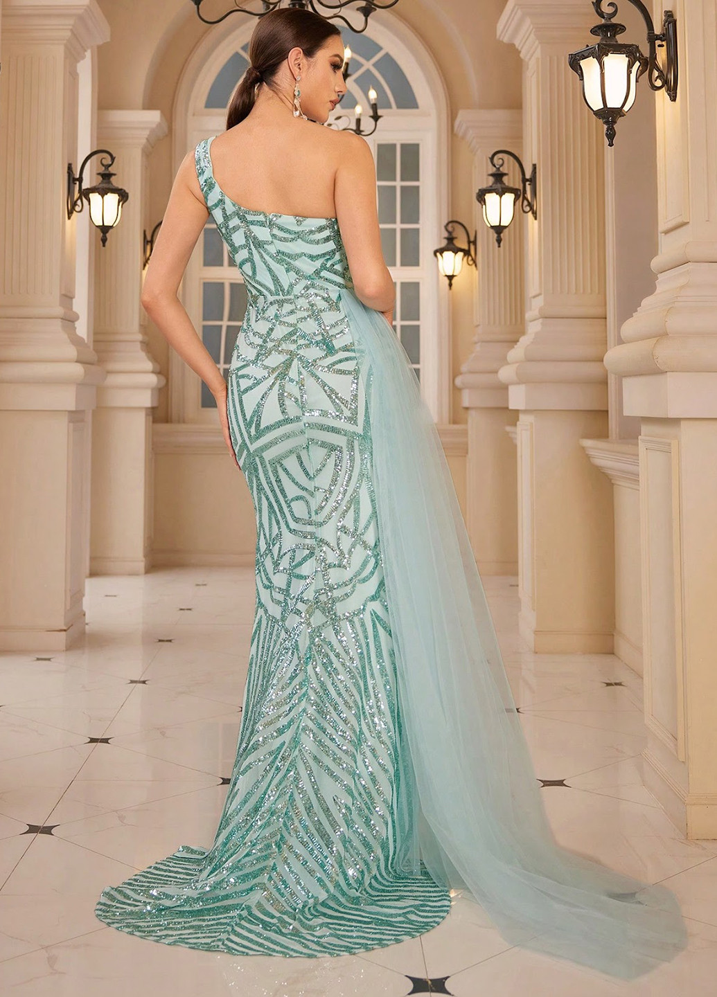 Світло-бірюзова вечірня сукня годе, зі шлейфом, на одне плече, з відкритими плечима SHEIN однотонна