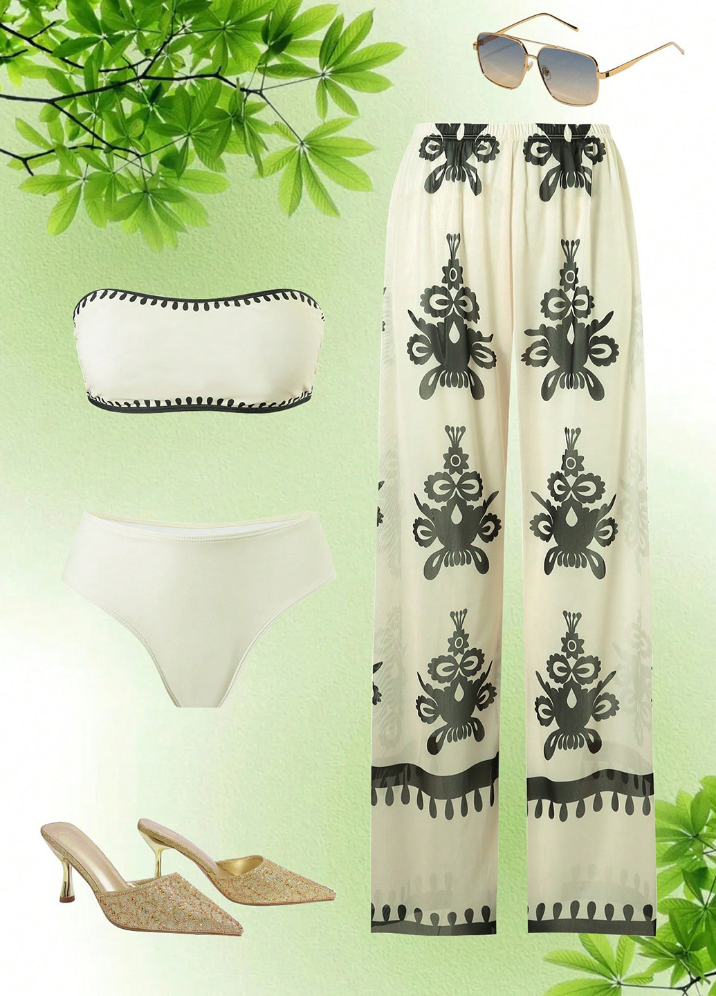 Комбинированный демисезонный комплект (купальный лиф, трусики, брюки) бандо, раздельный SHEIN