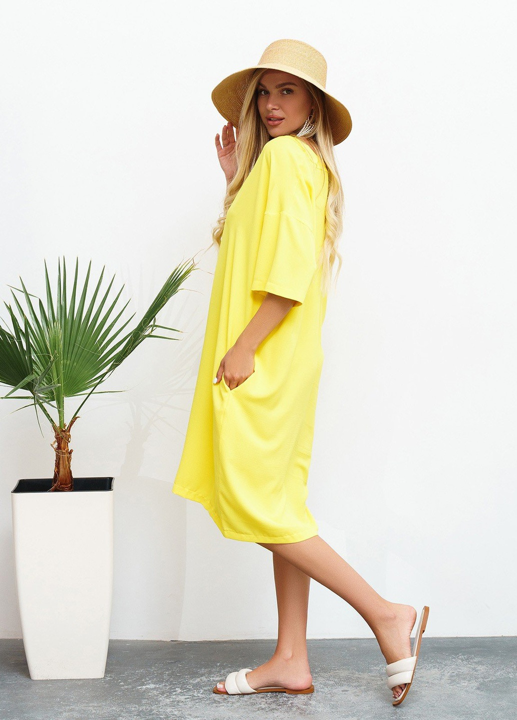 Жовтий повсякденний сукня жіноча оверсайз ISSA PLUS однотонна
