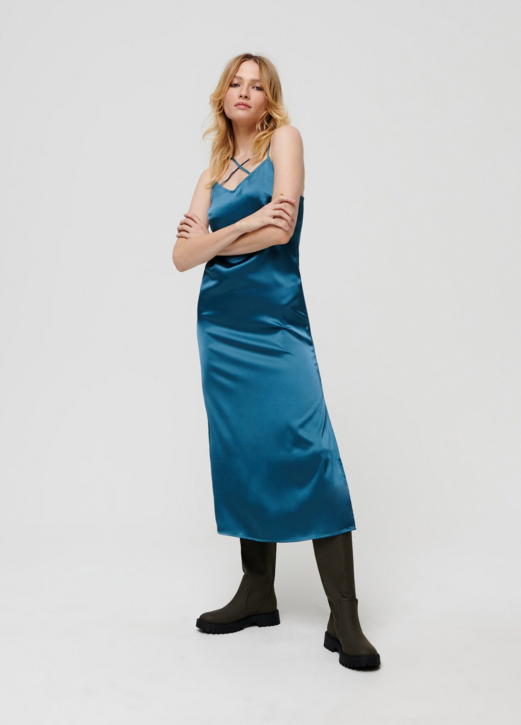 Темно-бирюзовое кэжуал платье платье-комбинация Sinsay однотонное