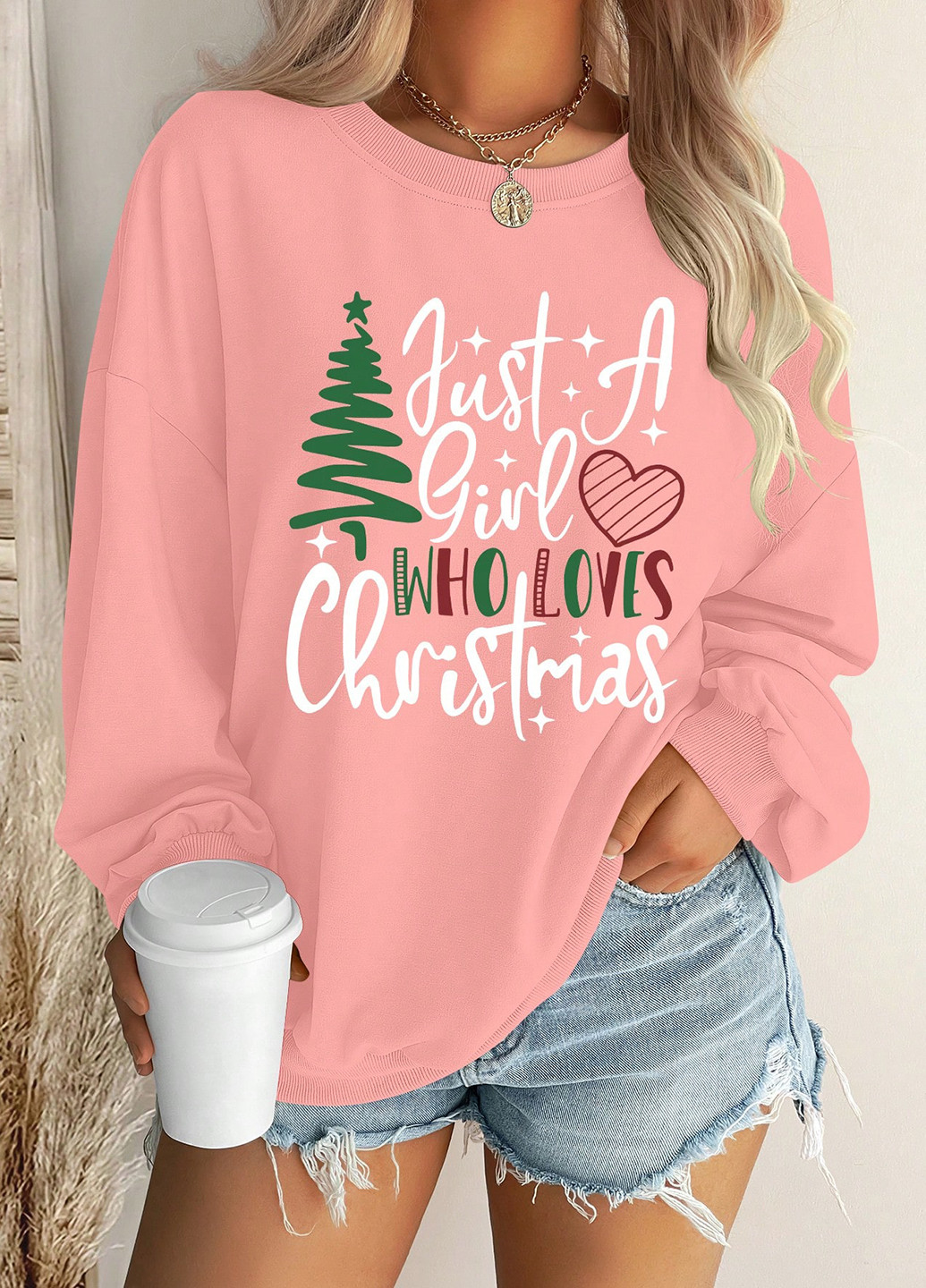 Розовый свитшот SHEIN новогодний без декора (334102151)