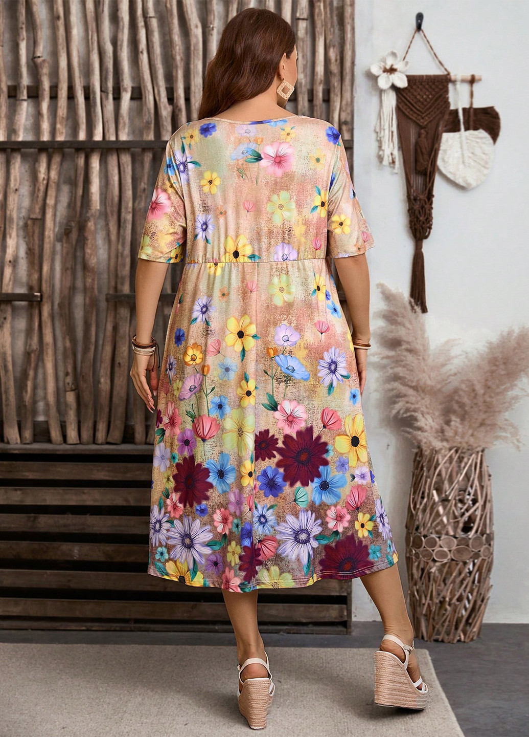 Бежевое праздничный, кэжуал платье а-силуэт SHEIN с цветочным принтом