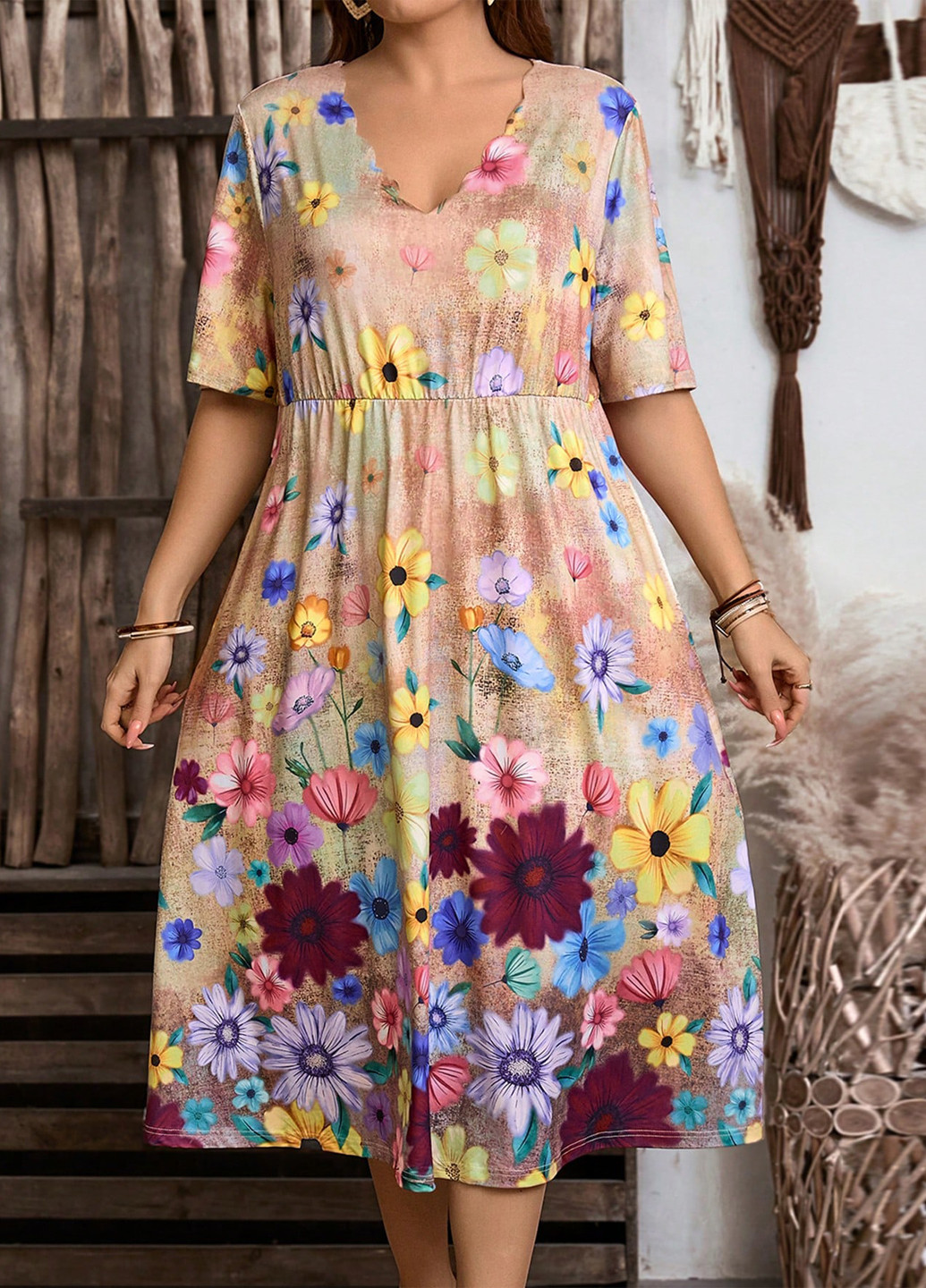 Бежевое праздничный, кэжуал платье а-силуэт SHEIN с цветочным принтом