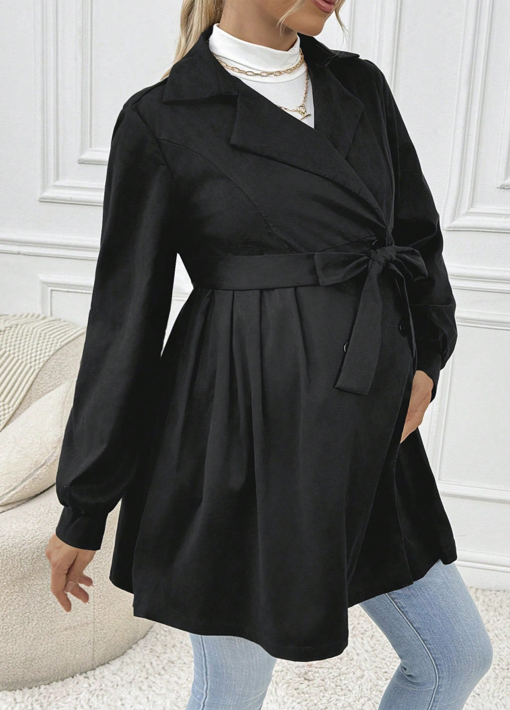 Черное демисезонное Пальто для беременных двубортное SHEIN