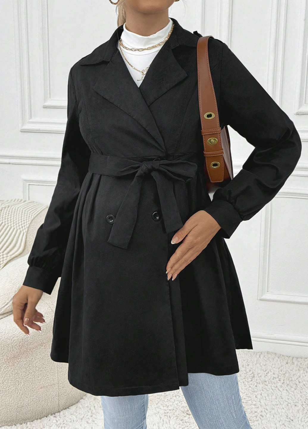 Черное демисезонное Пальто для беременных двубортное SHEIN