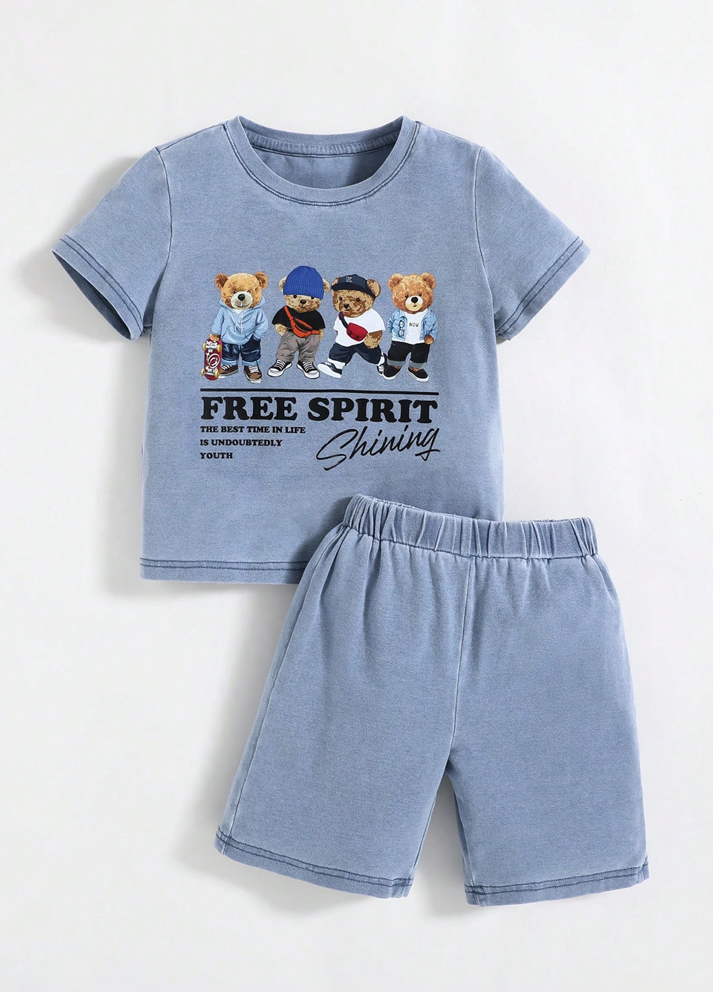 Серо-голубой летний костюм (футболка, шорты) с шортами SHEIN