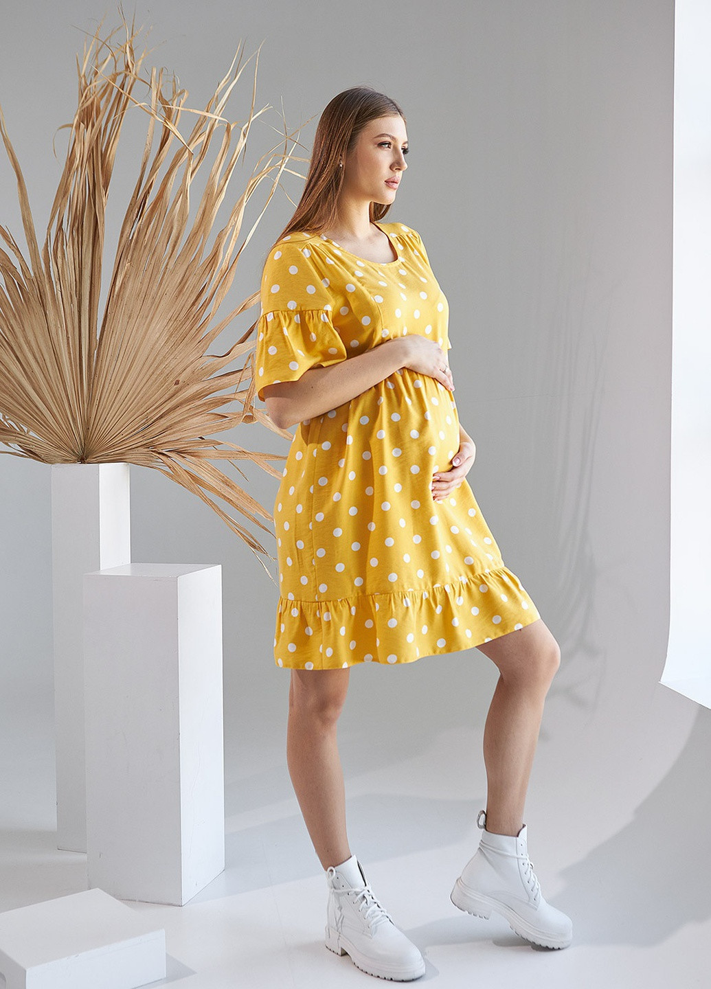 Желтое кэжуал платье для беременных в горошек колокол Dianora в горошек