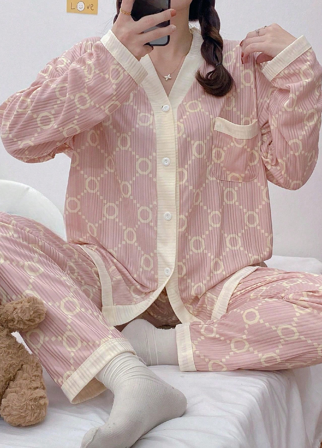 Розовая всесезон пижама (рубашка, брюки) рубашка + брюки SHEIN