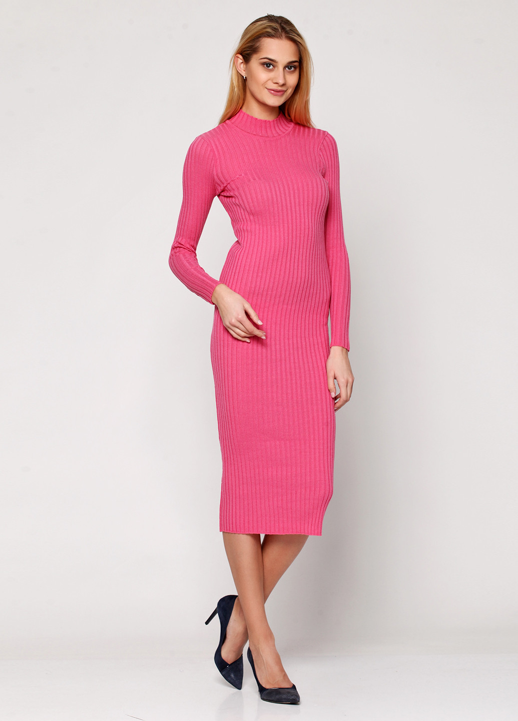 Розовое кэжуал платье с длинным рукавом Simple Wear однотонное