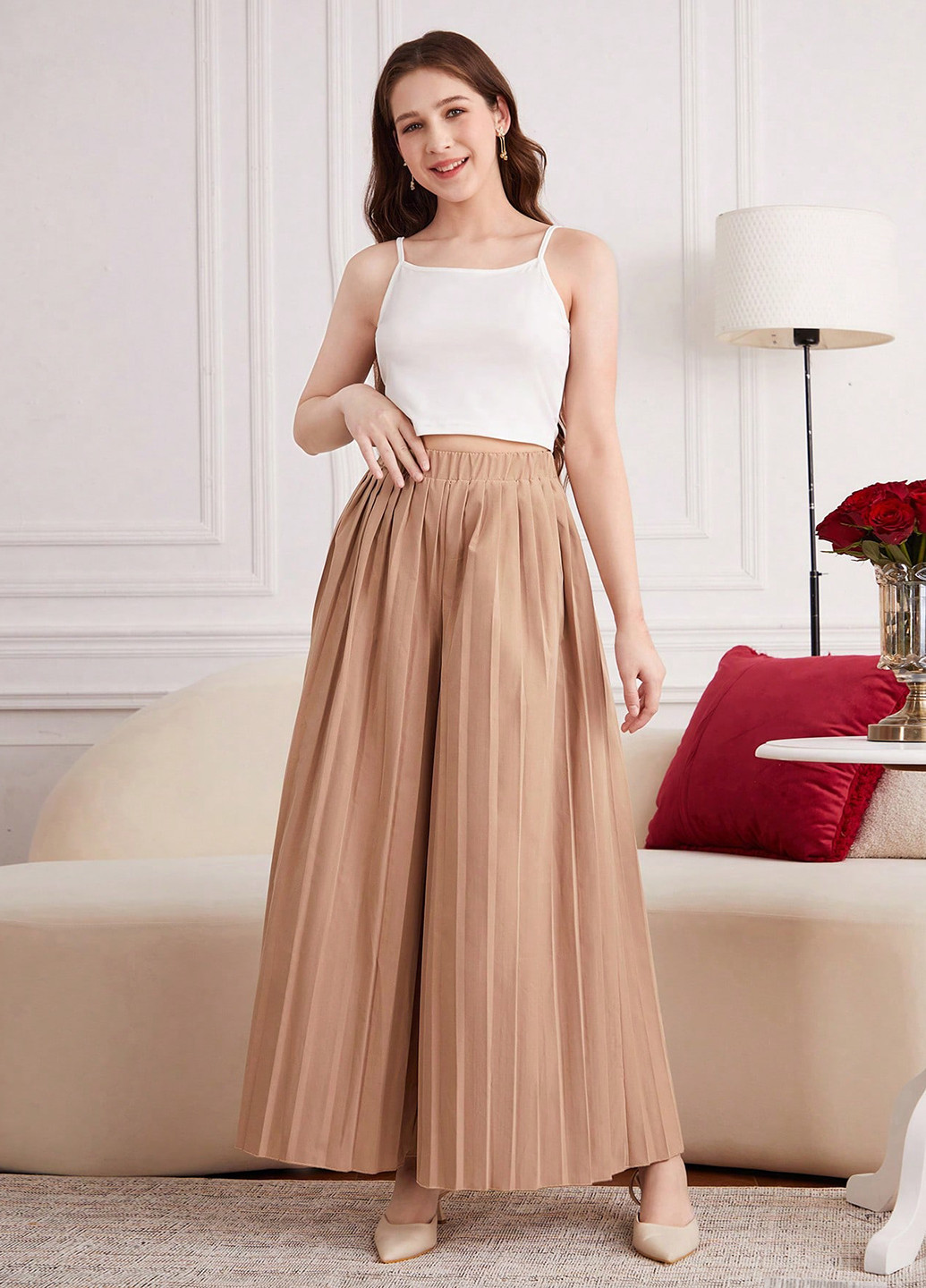 Темно-бежевый летний костюм (жакет, топ, брюки) SHEIN