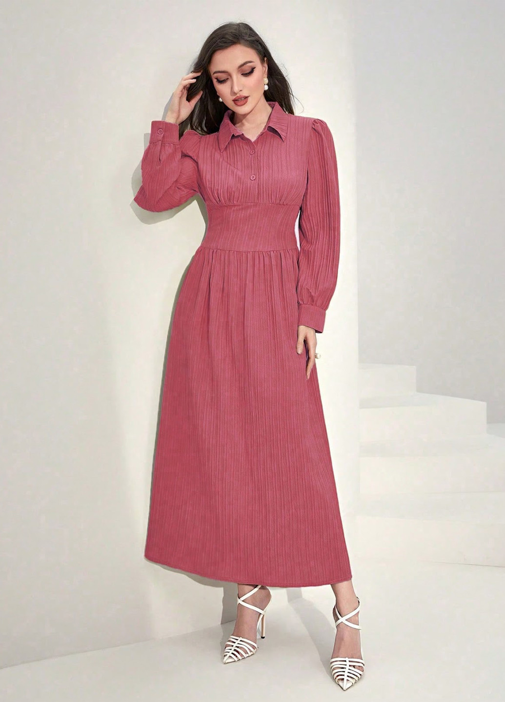 Темно-розовое кэжуал платье клеш, в стиле ампир, рубашка SHEIN однотонное