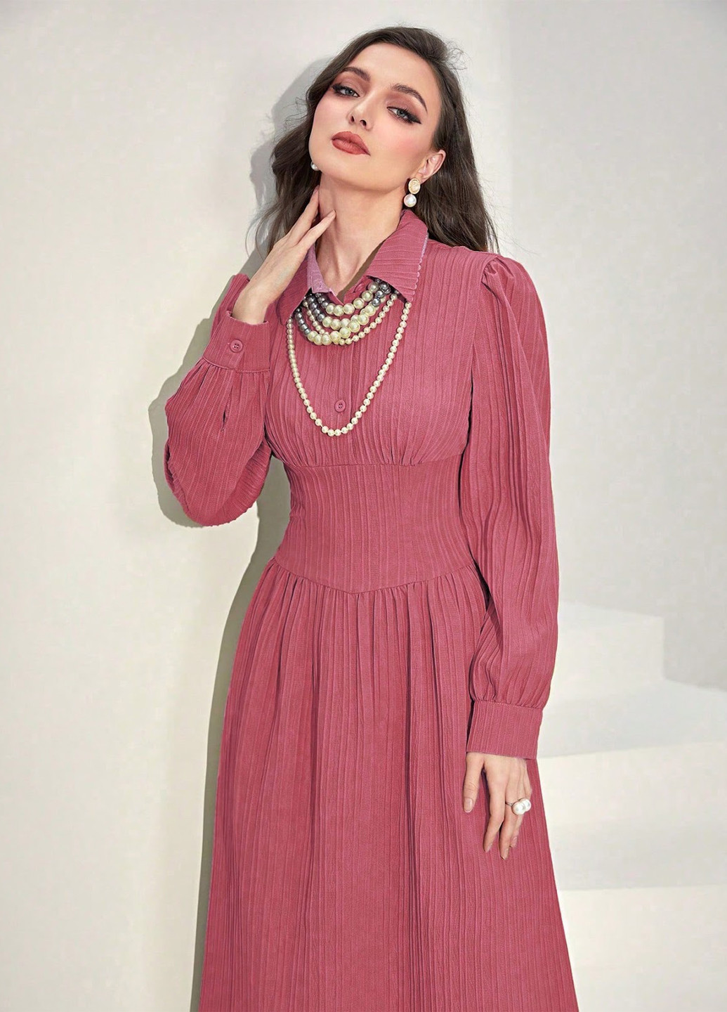 Темно-розовое кэжуал платье клеш, в стиле ампир, рубашка SHEIN однотонное