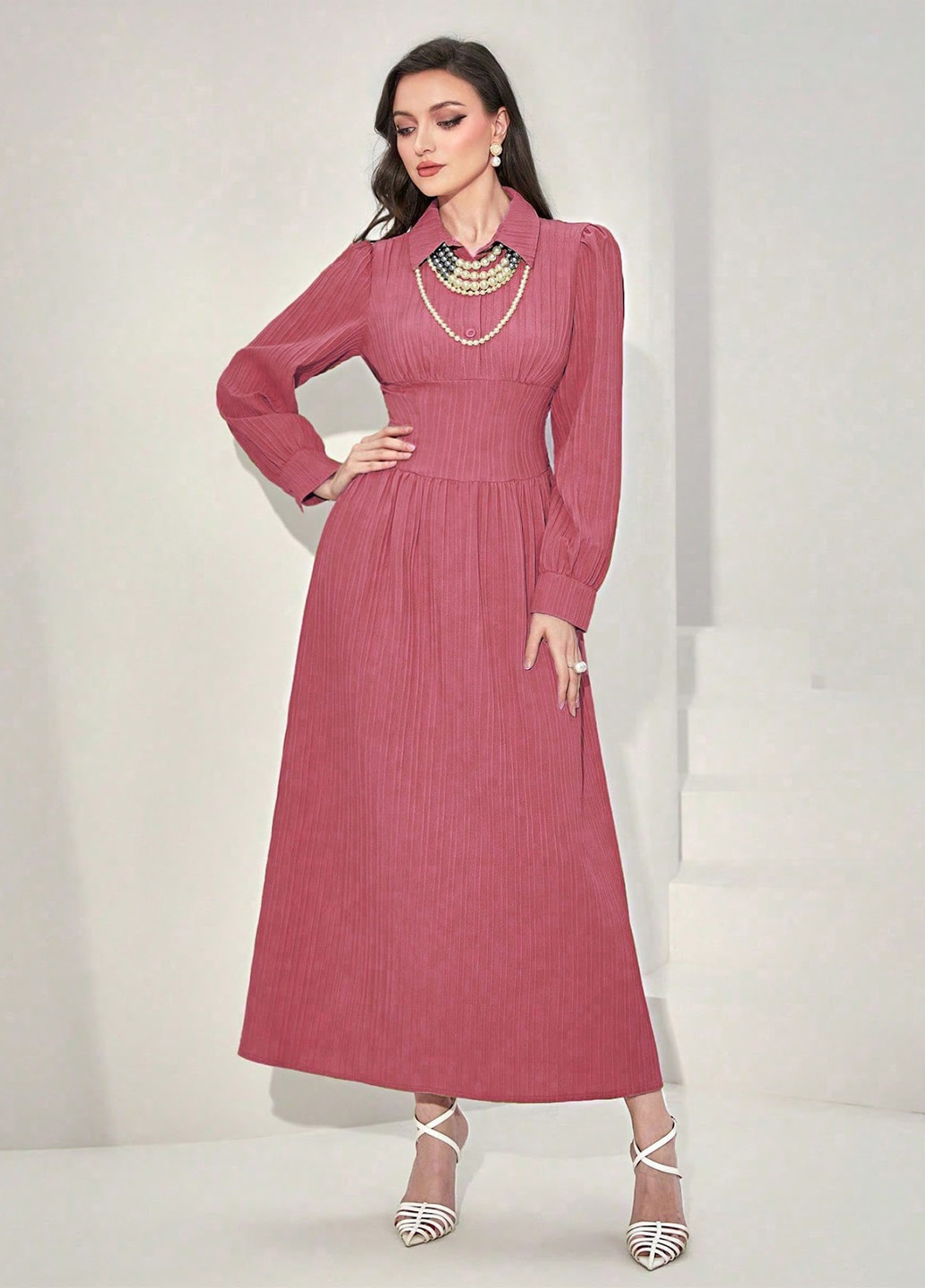 Темно-розовое кэжуал платье клеш, в стиле ампир, рубашка SHEIN однотонное