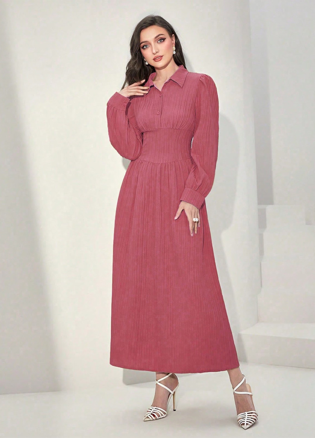 Темно-розовое кэжуал платье клеш, в стиле ампир, рубашка SHEIN однотонное