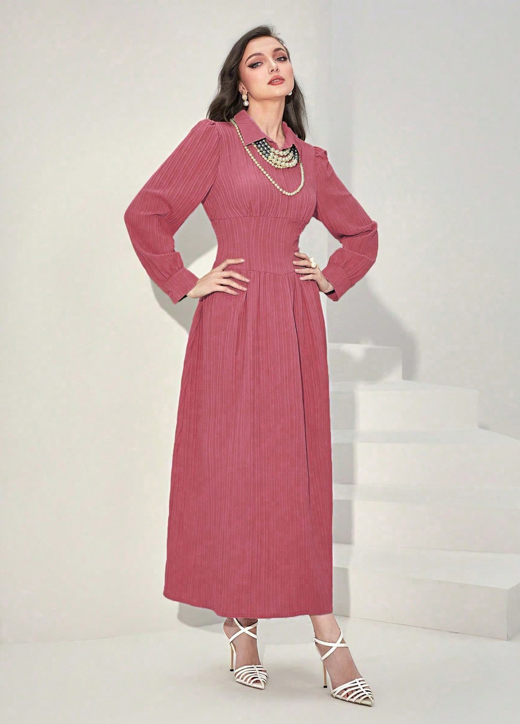 Темно-розовое кэжуал платье клеш, в стиле ампир, рубашка SHEIN однотонное