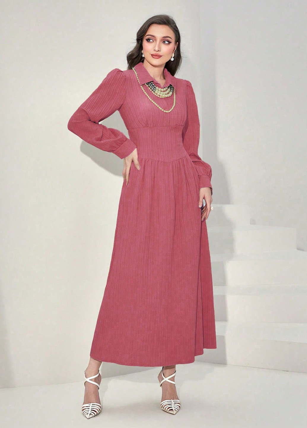 Темно-розовое кэжуал платье клеш, в стиле ампир, рубашка SHEIN однотонное