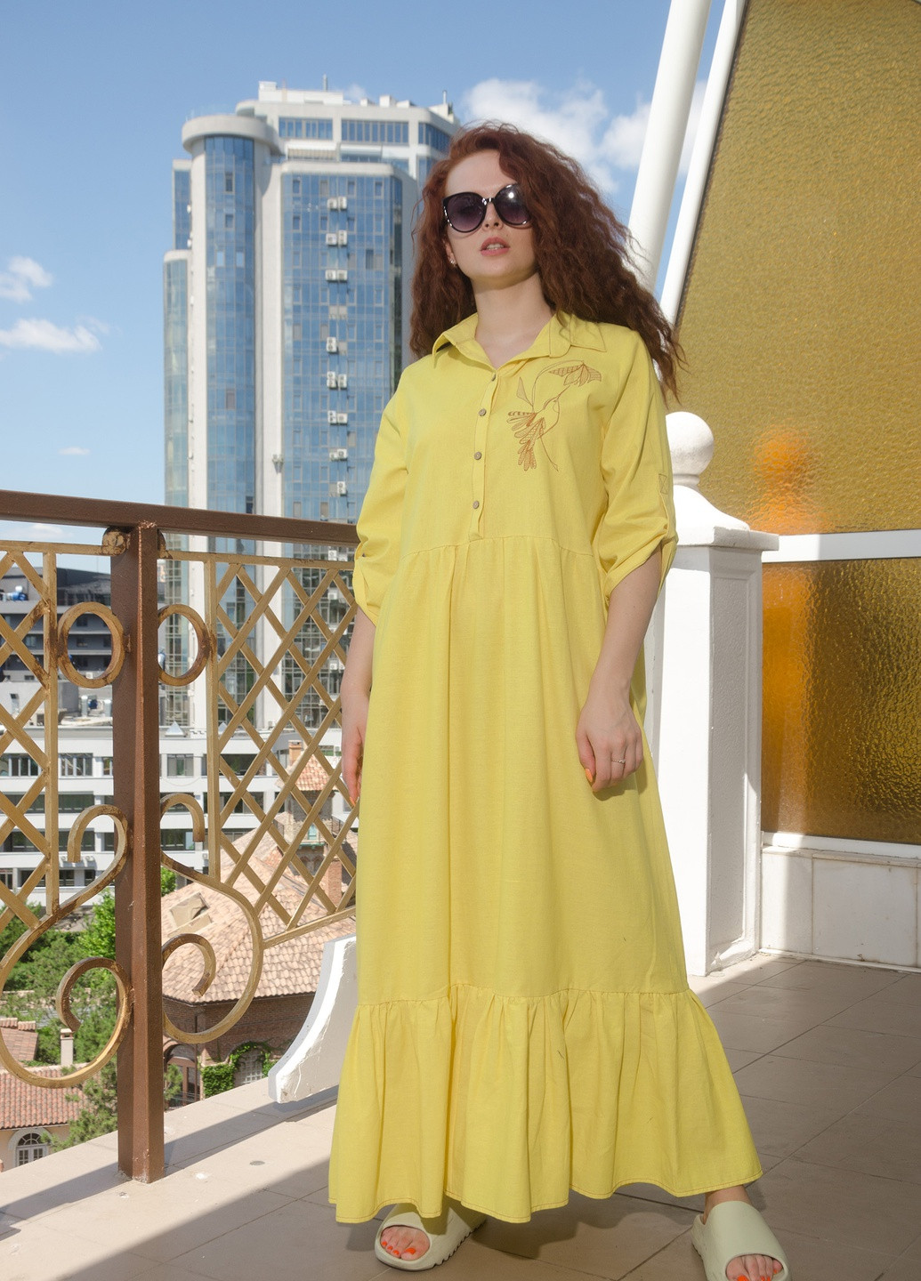 Жовтий кежуал шикарна лляна сукня з вишивкою "колібрі" INNOE