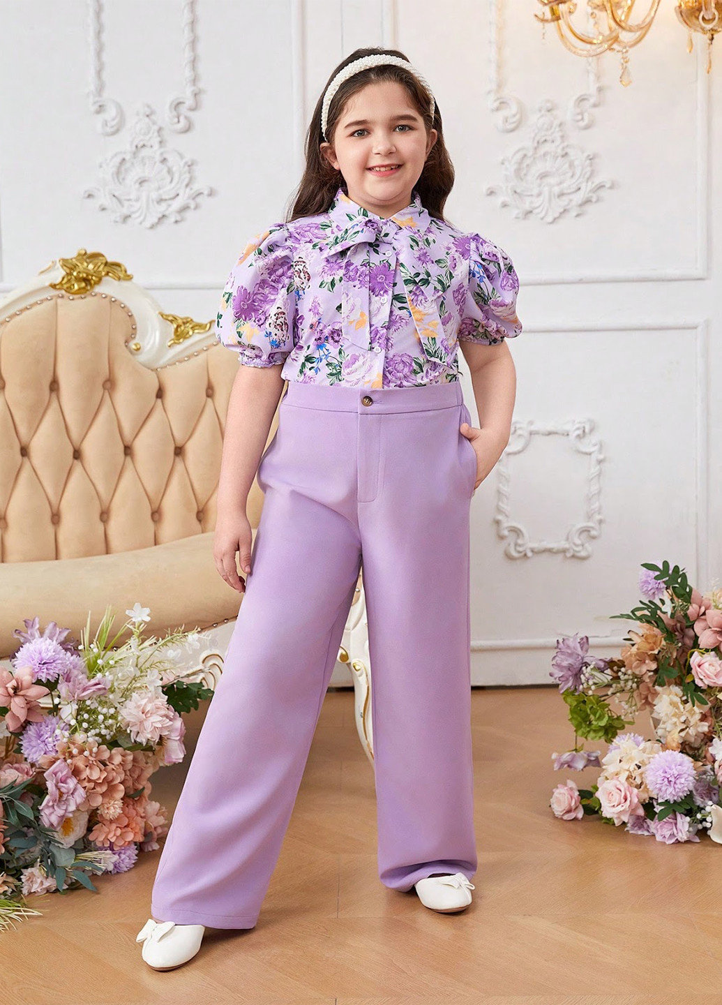 Лавандовый летний комплект (блуза, брюки) SHEIN