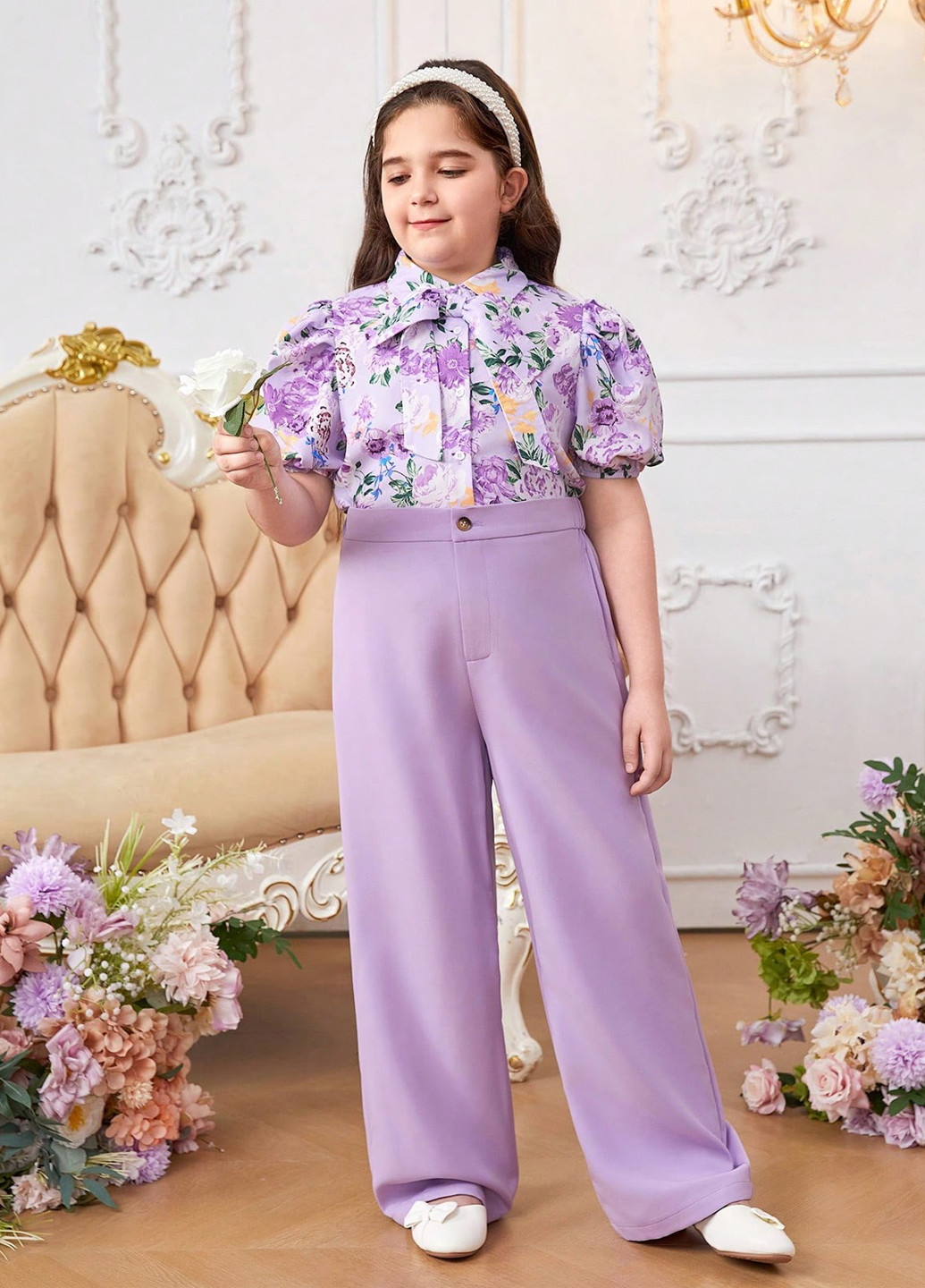 Лавандовый летний комплект (блуза, брюки) SHEIN