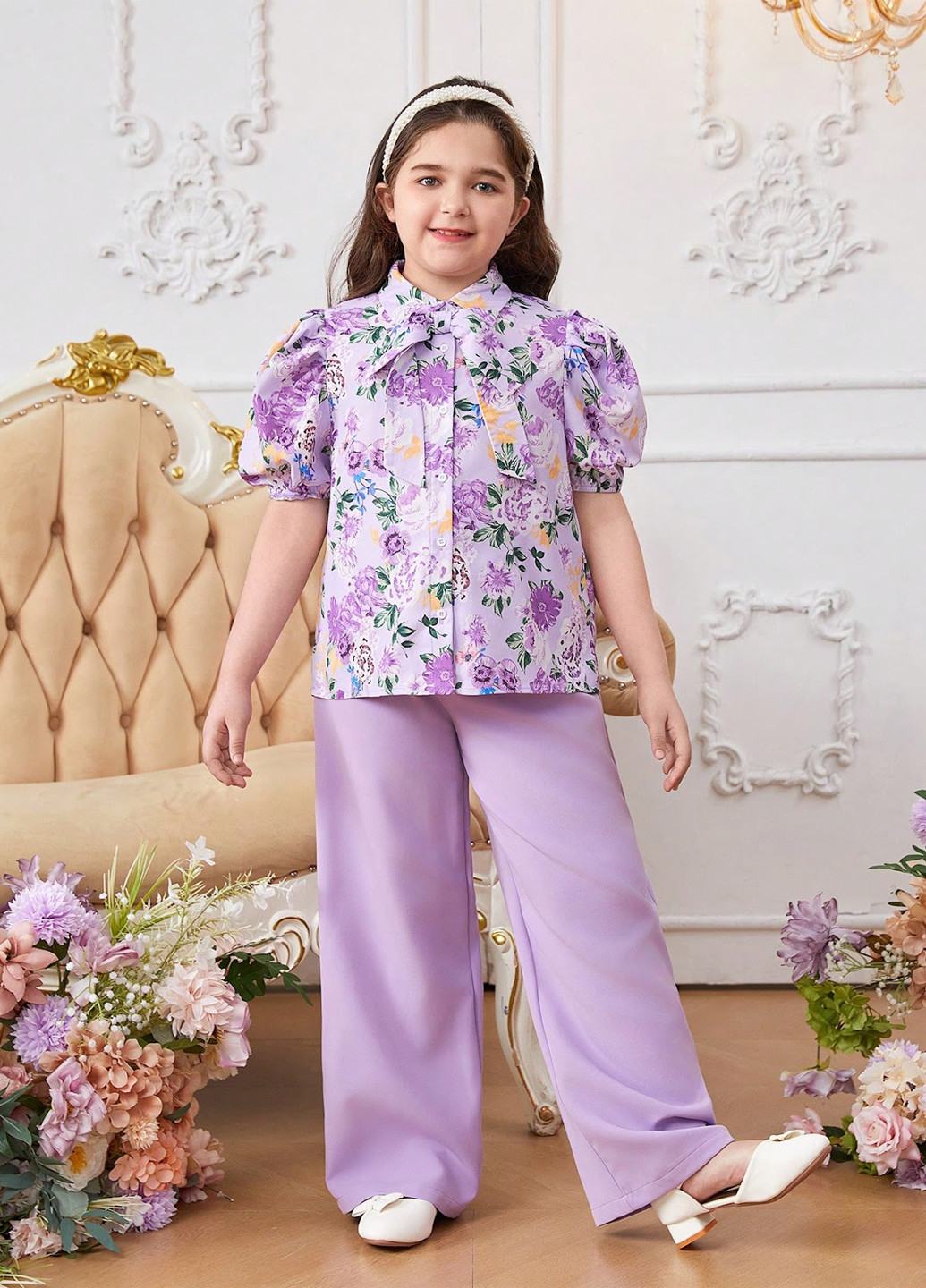 Лавандовый летний комплект (блуза, брюки) SHEIN