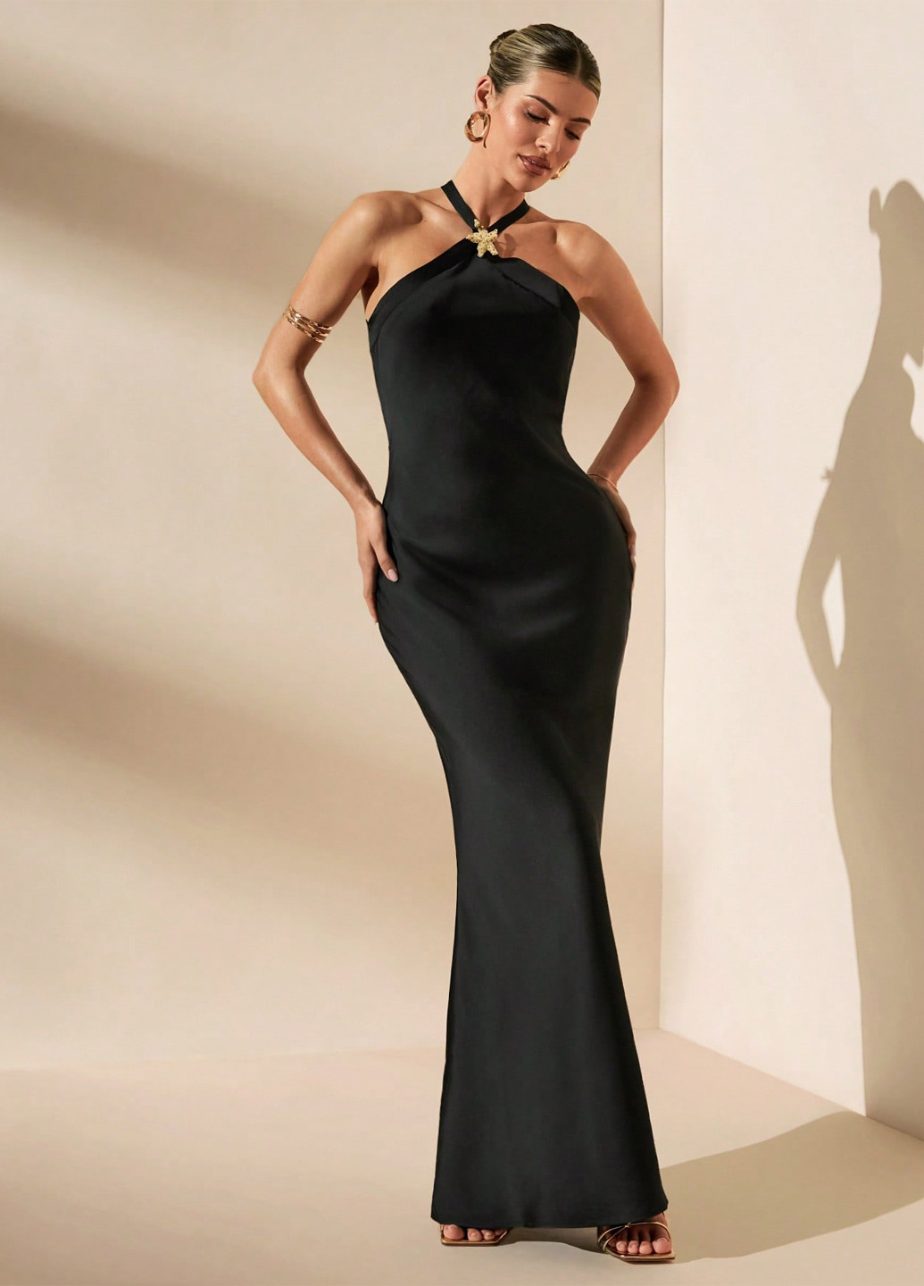 Чорна вечірня сукня годе, з відкритою спиною SHEIN однотонна