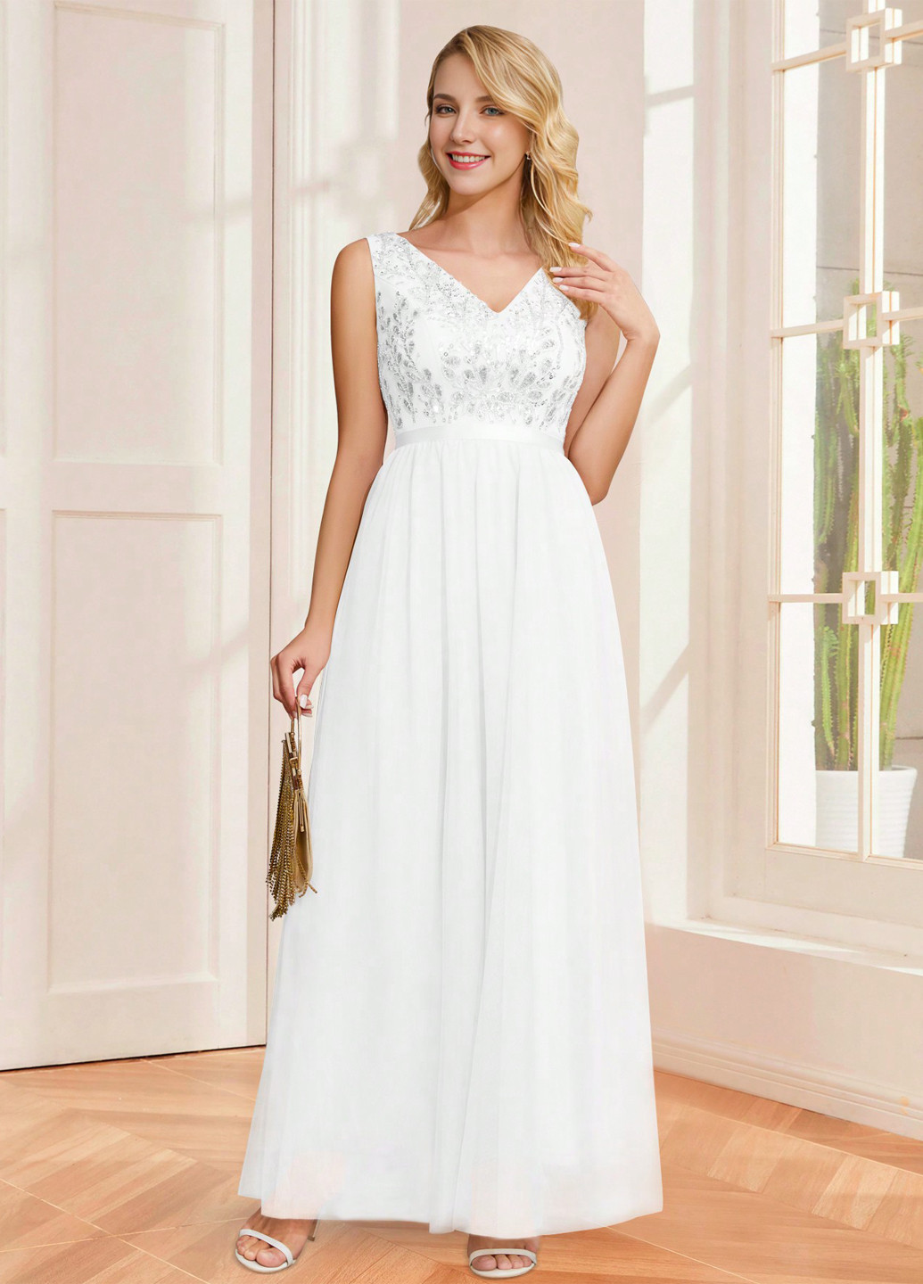 Белое вечернее платье клеш SHEIN однотонное