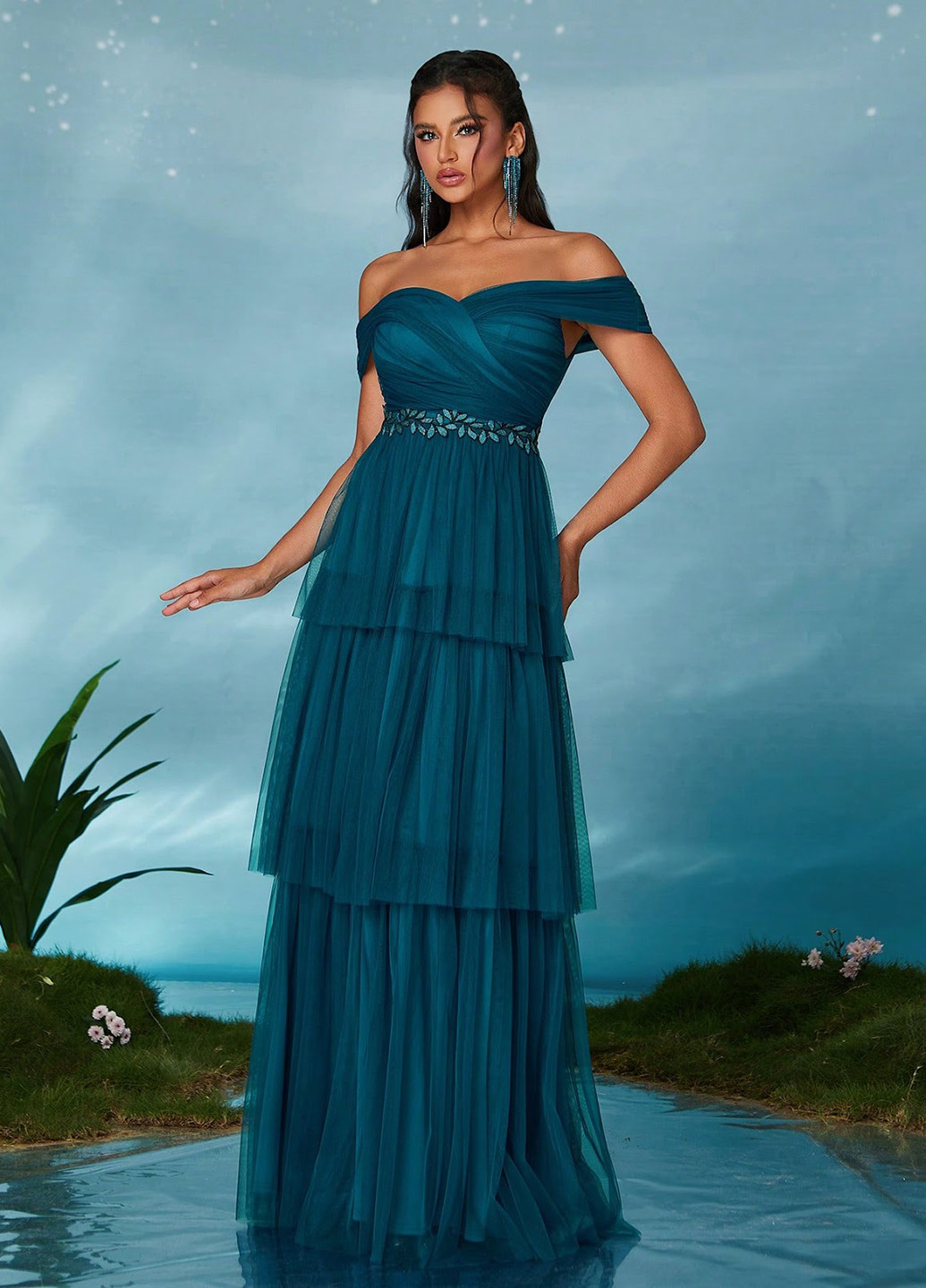 Темно-бирюзовое вечернее платье в стиле ампир, с открытыми плечами, с открытой спиной SHEIN однотонное