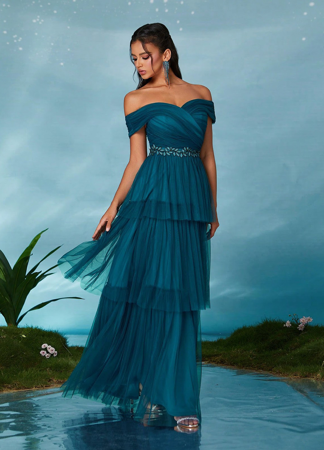 Темно-бирюзовое вечернее платье в стиле ампир, с открытыми плечами, с открытой спиной SHEIN однотонное