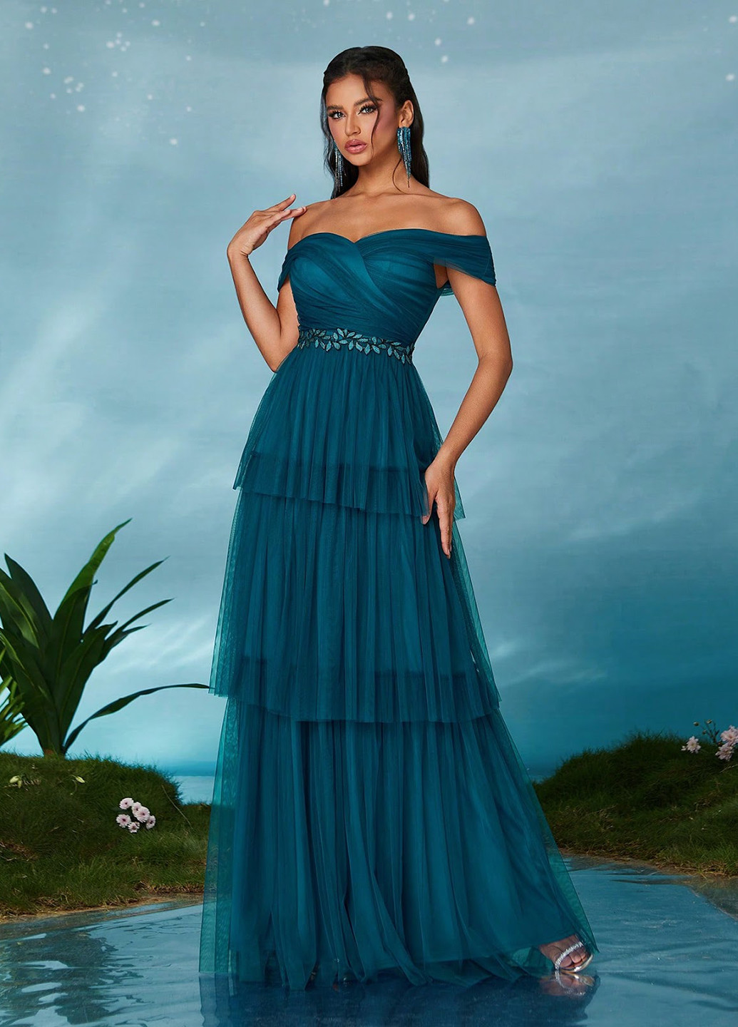 Темно-бирюзовое вечернее платье в стиле ампир, с открытыми плечами, с открытой спиной SHEIN однотонное