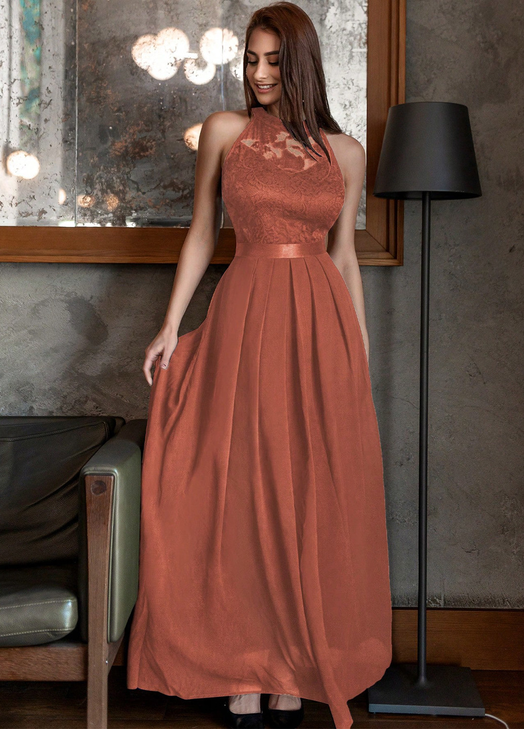 Коричнева вечірня сукня кльош, а-силует SHEIN однотонна