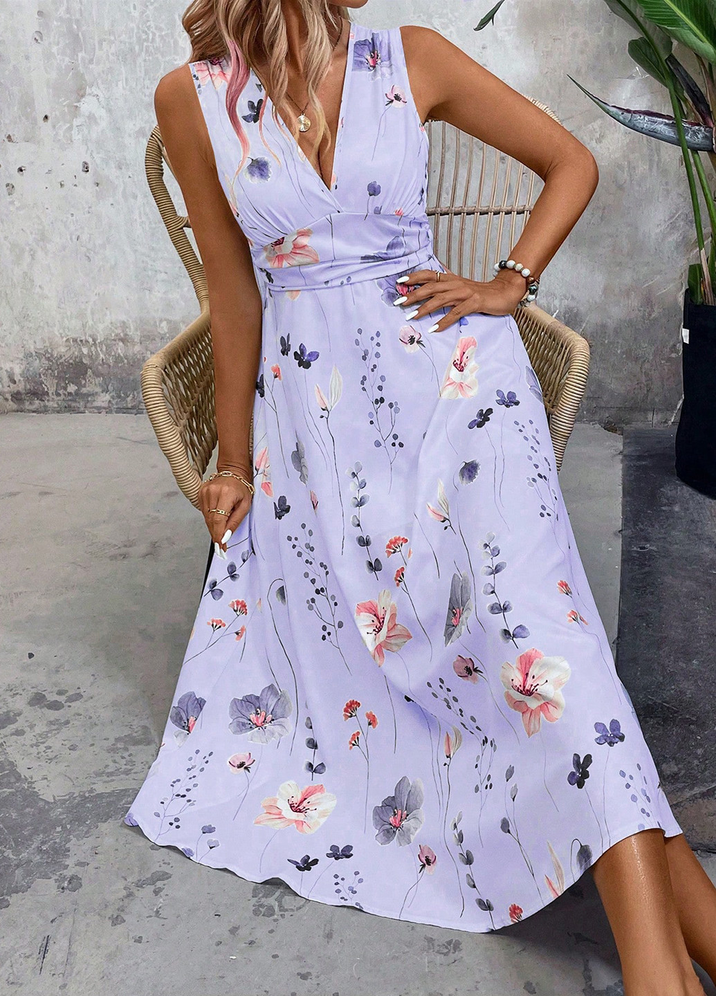 Светло-фиолетовое кэжуал платье клеш SHEIN с цветочным принтом