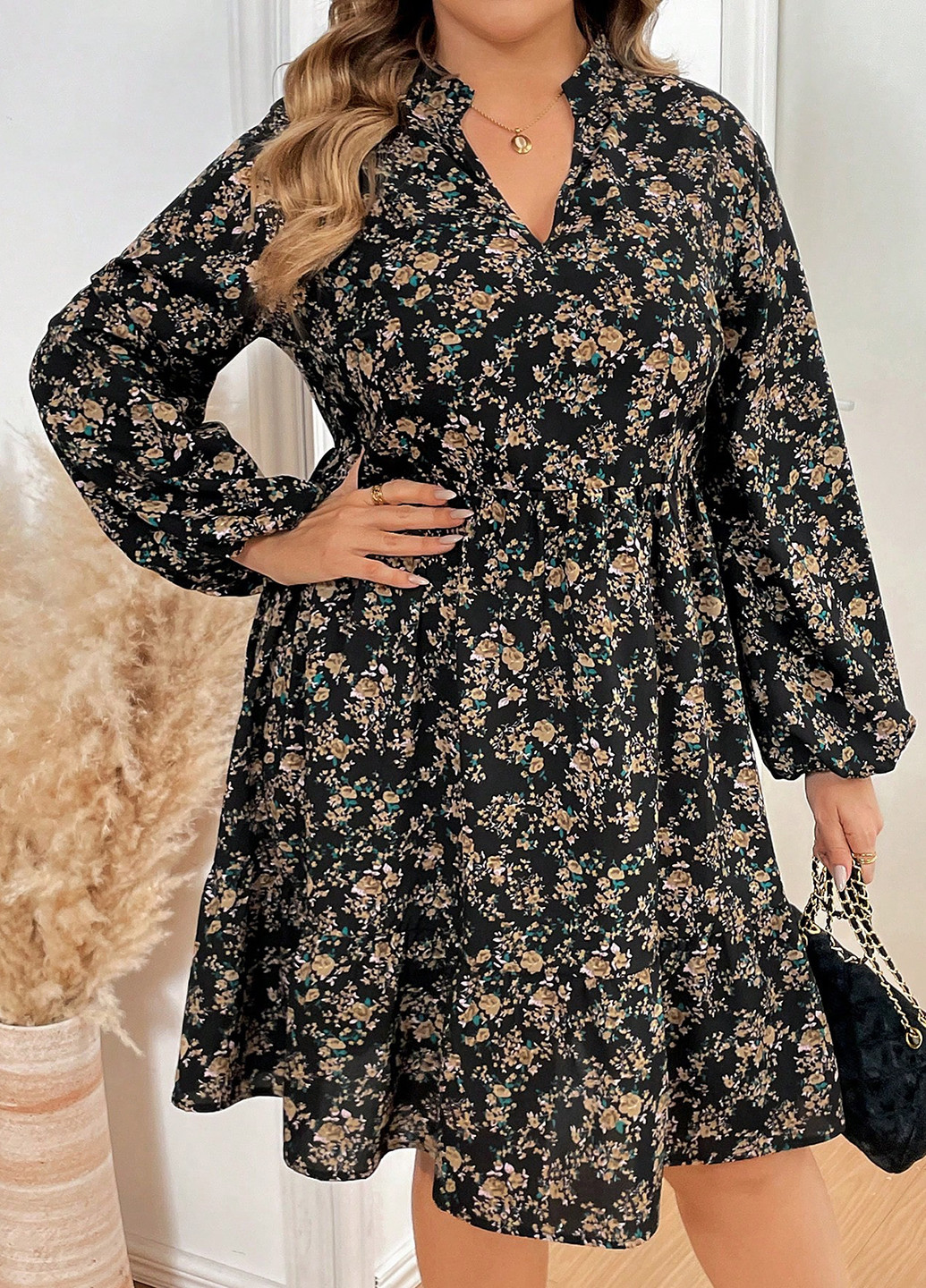 Чорна святковий, кежуал сукня кльош, а-силует SHEIN з квітковим принтом