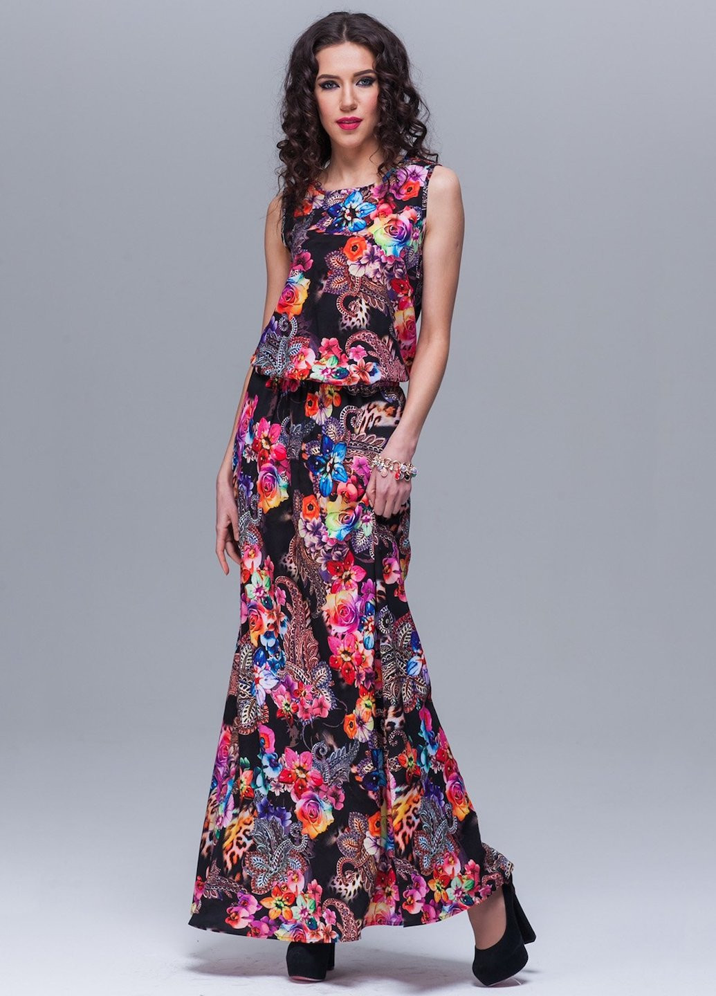 Комбинированное кэжуал платье нимфа штапель цветы анимал на черн Jet с цветочным принтом