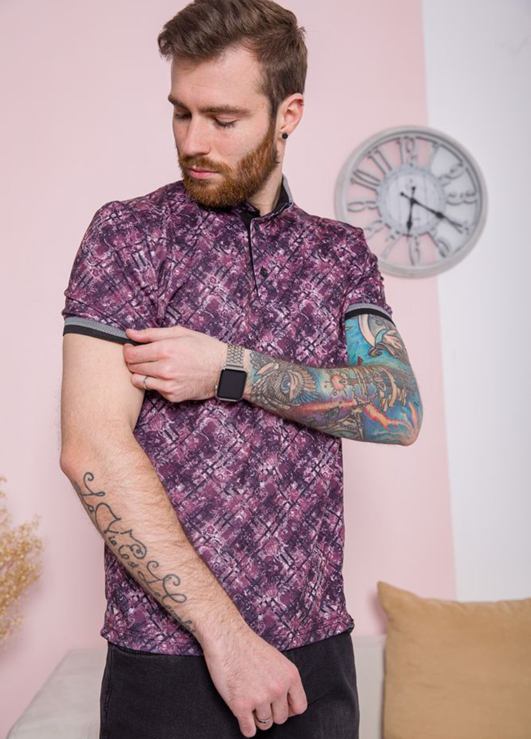 Сиреневая футболка-поло для мужчин Ager с геометрическим узором