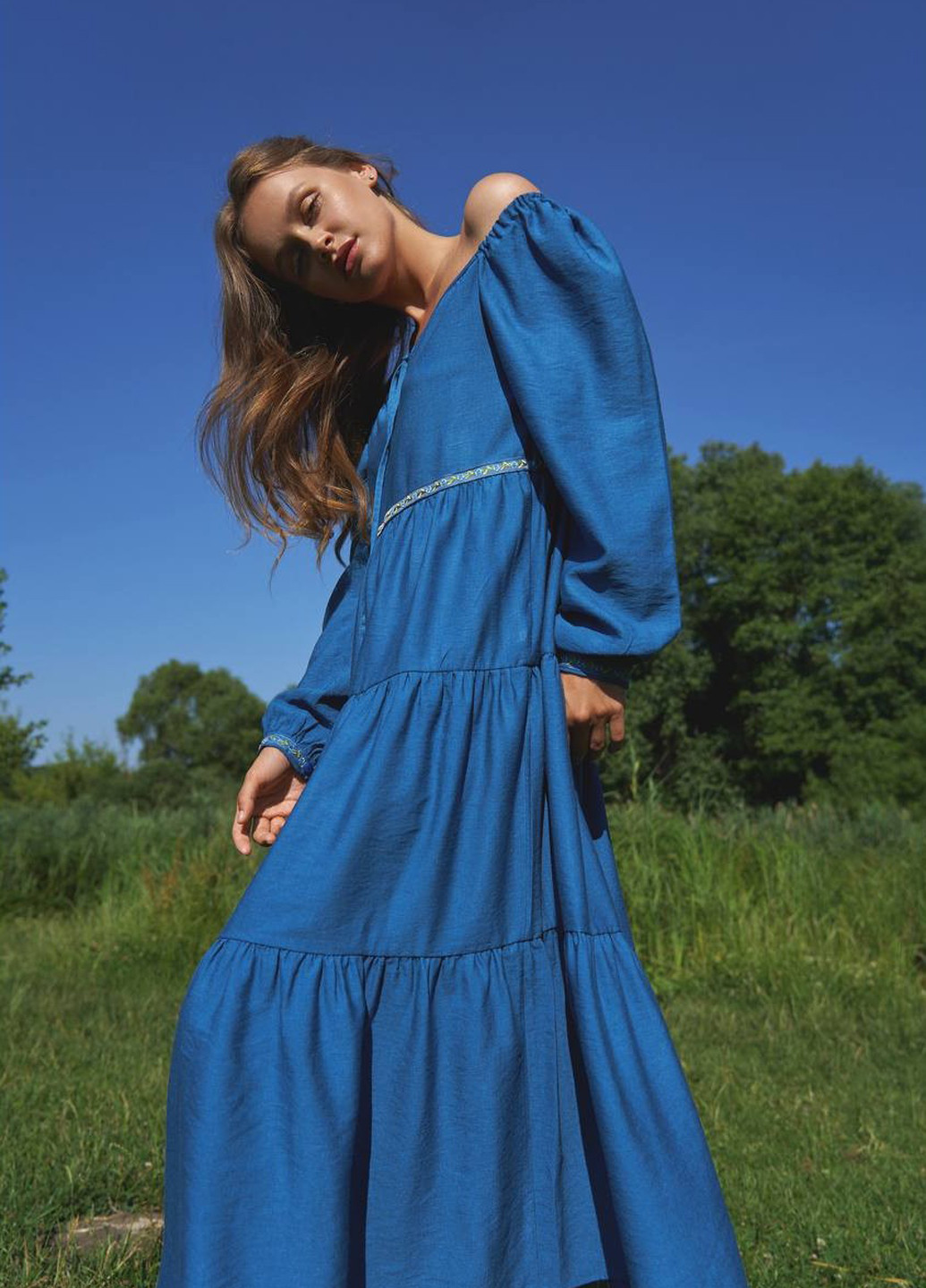 Синее кэжуал платье клеш WKMF однотонное