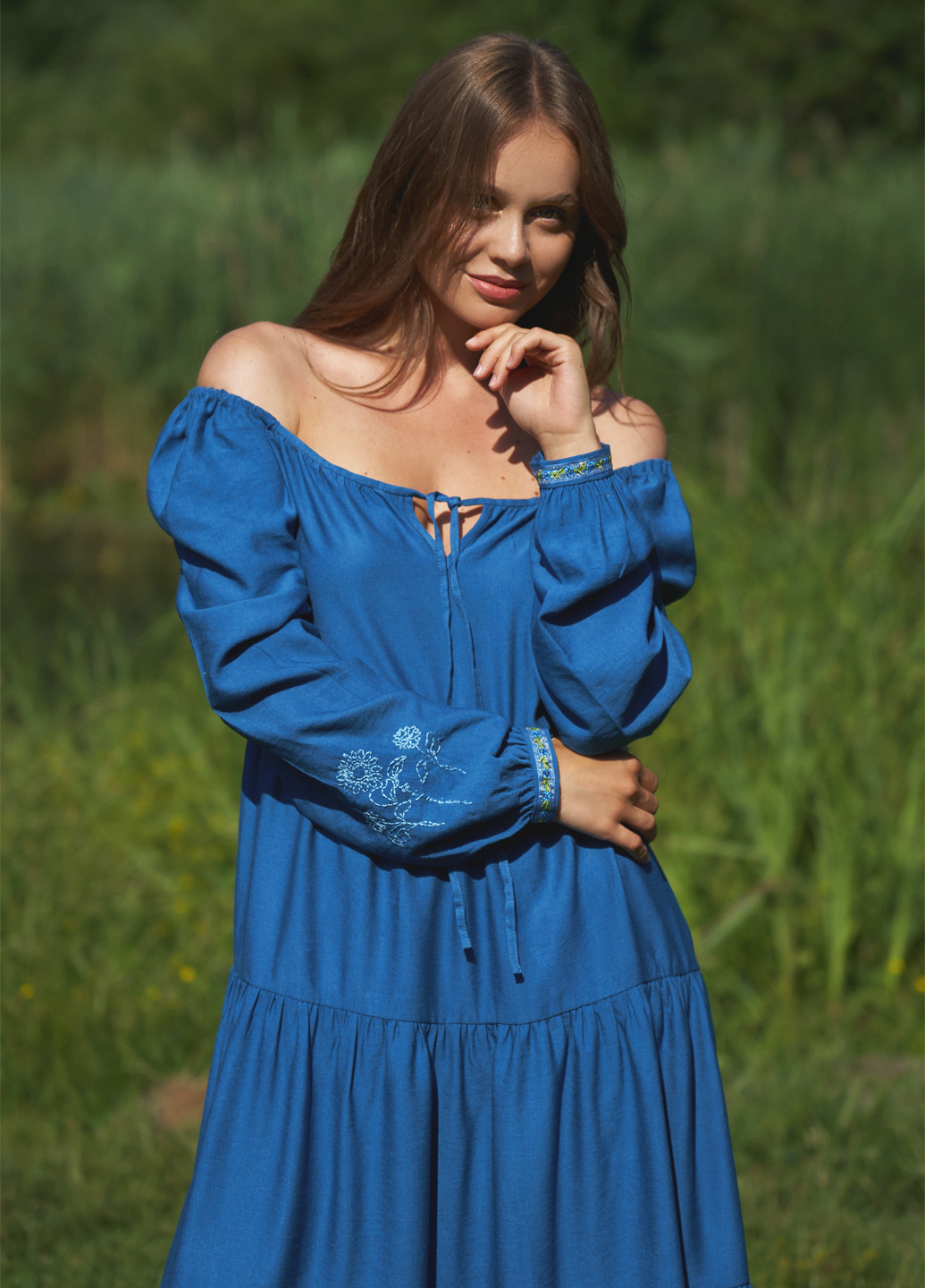 Синее кэжуал платье клеш WKMF однотонное