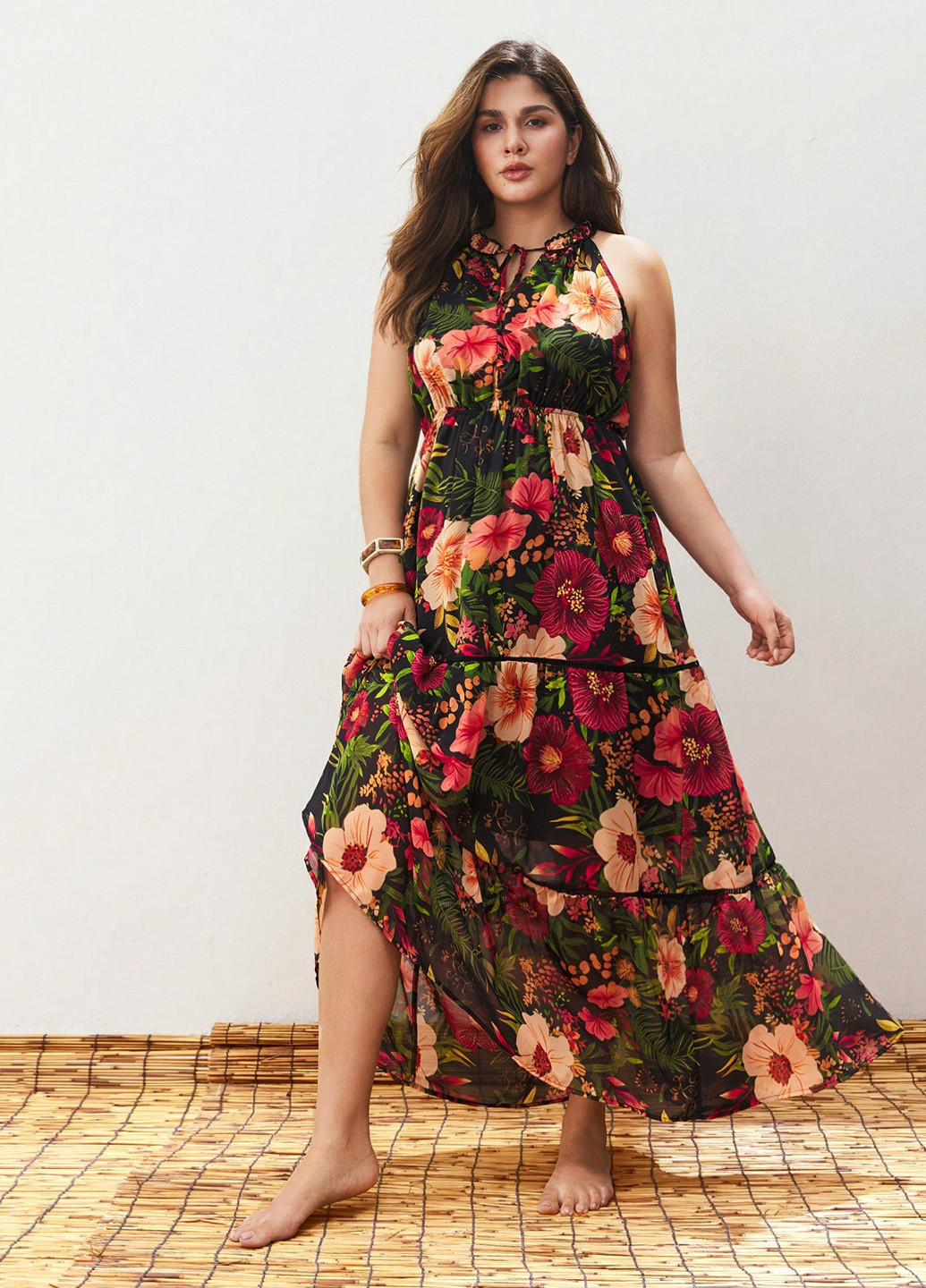 Комбинированное кэжуал платье а-силуэт SHEIN с цветочным принтом